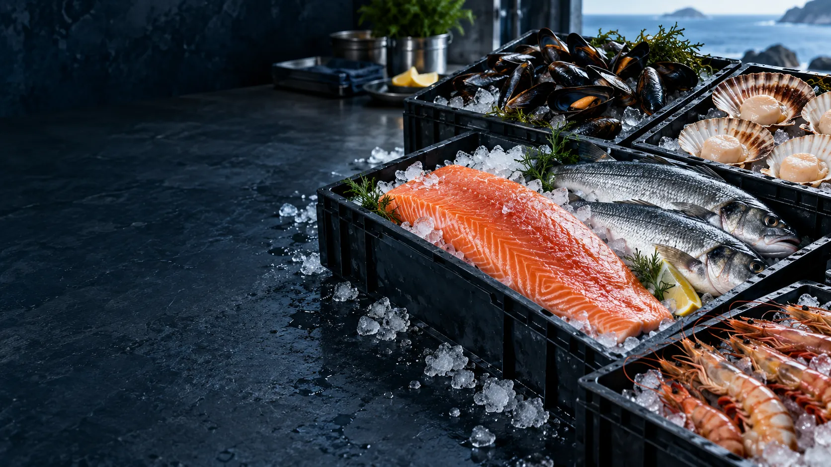 Productos del mar frescos sobre hielo